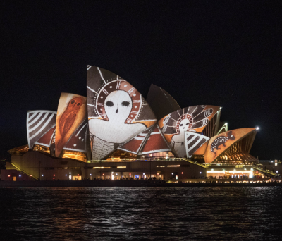 Aboriginal Wandjina Art projected onto the Sydney opera House