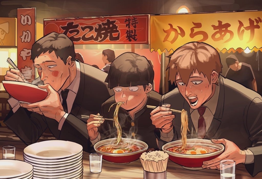 3 men eating manga