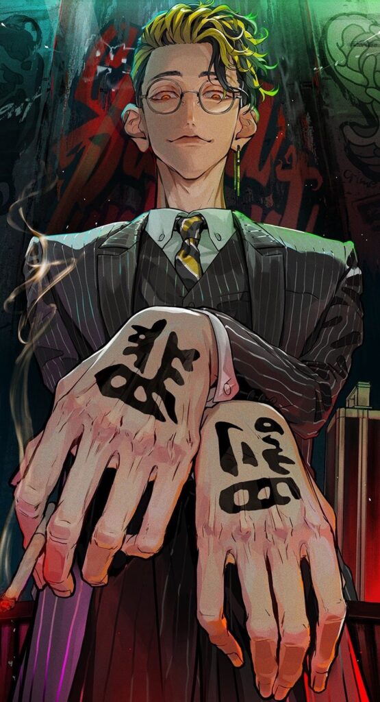 man in suit manga with tattooed hands