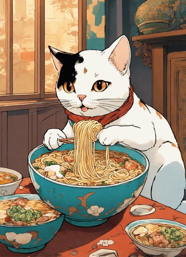 cat eating ramen
